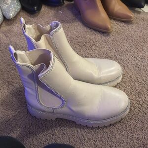 Women's White Chelsea Boots with Rhinestone Trim